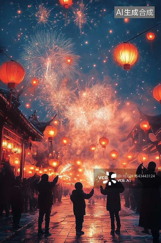 【AI数字艺术】过年了热闹的大街上灯笼和烟花图片素材