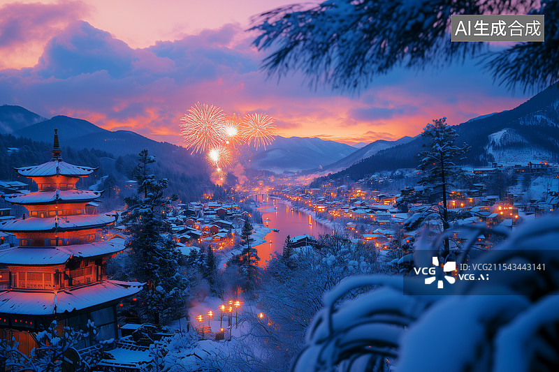 【AI数字艺术】日落时白雪皑皑的群山小镇图片素材