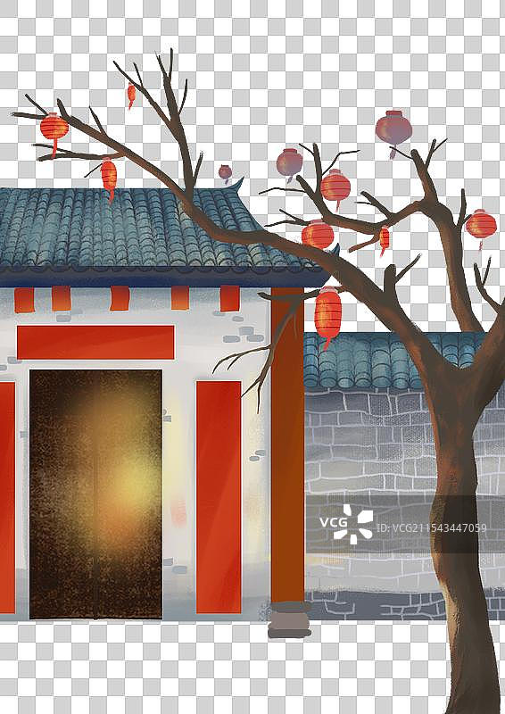 新年过年春节红色背景房子免抠元素国风节日图片素材