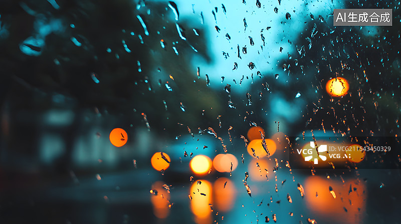 【AI数字艺术】暴雨中汽车挡风玻璃上的雨滴图片素材