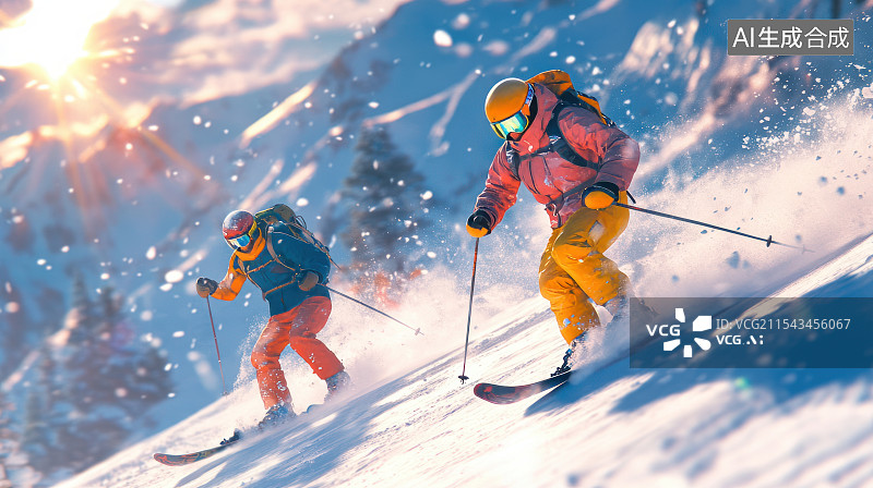 【AI数字艺术】冬季雪山极限滑雪图片素材