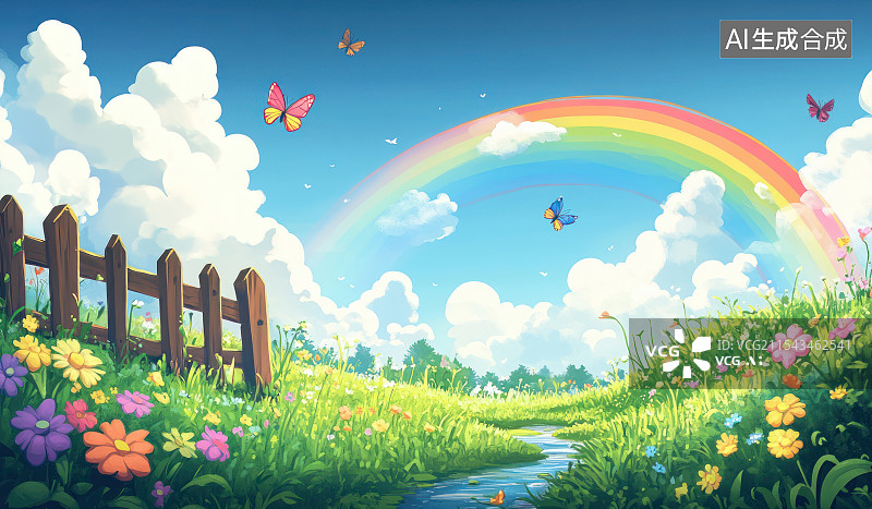 【AI数字艺术】卡通春天彩虹下的梦幻花田图片素材