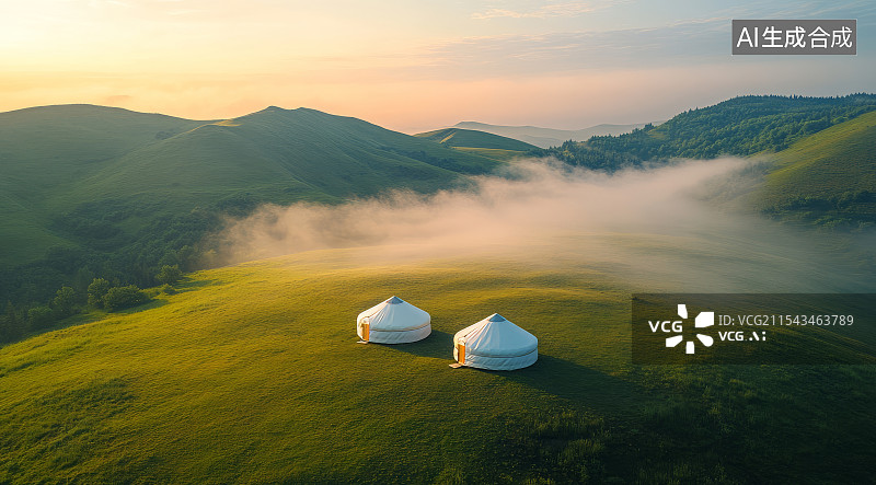【AI数字艺术】蒙古包与草原晨雾图片素材