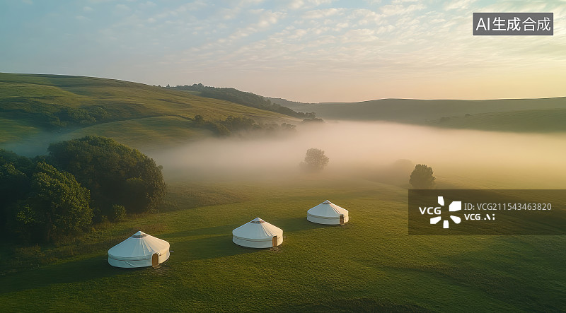 【AI数字艺术】蒙古包与草原晨雾图片素材