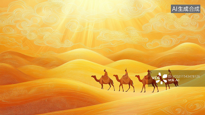【AI数字艺术】一带一路丝绸之路中国古风骆驼队图片素材