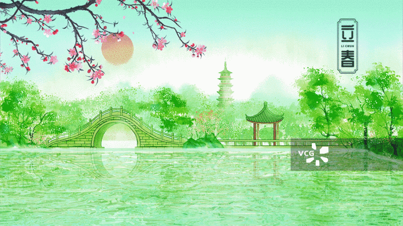 扬州瘦西湖春天桃花燕子国风插画动画图片素材