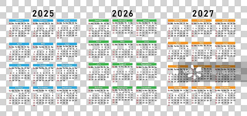 2025年、2026年和2027年的12个月日历套装图片素材