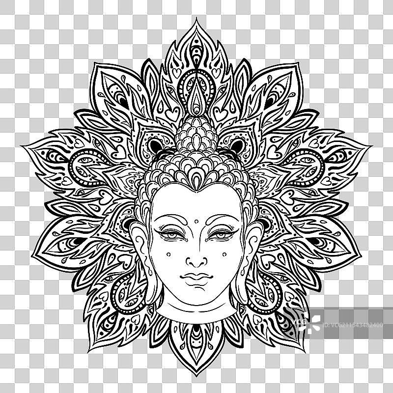 佛陀面孔与华丽的曼荼罗圆形图案图片素材