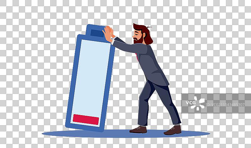 精疲力竭的商人推着一个低能量电池图片素材