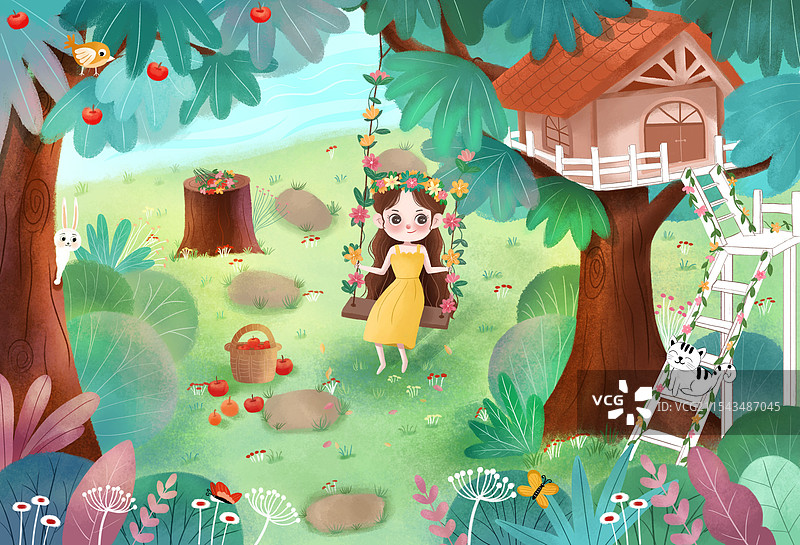 儿童绘本扁平肌理森林房子女孩荡秋千场景图片素材