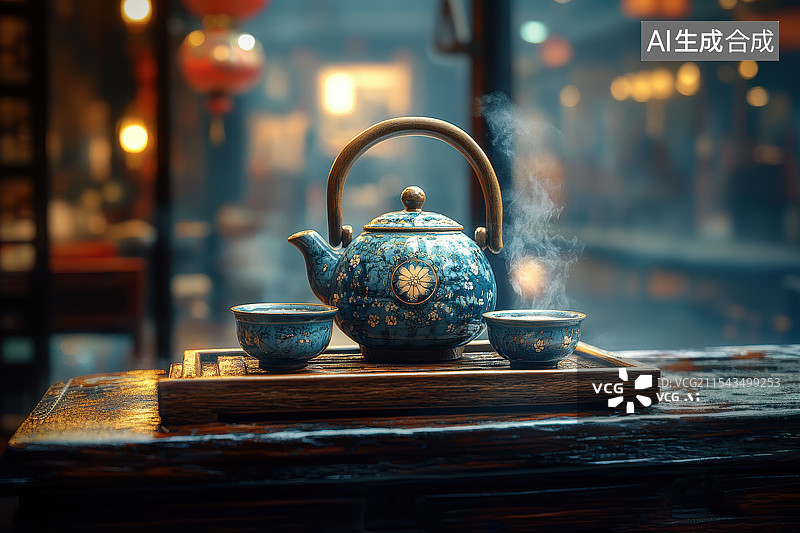 【AI数字艺术】围炉煮茶，桌面上的茶叶茶壶和茶杯图片素材