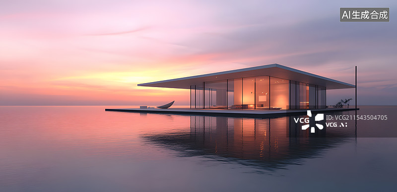 【AI数字艺术】日落光照下水面的白色现代简约建筑物无人背景图片素材