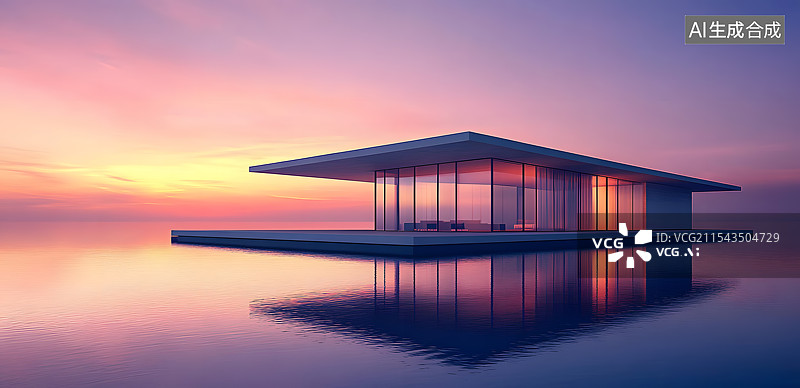 【AI数字艺术】日落光照下水面的白色现代简约建筑物无人背景图片素材