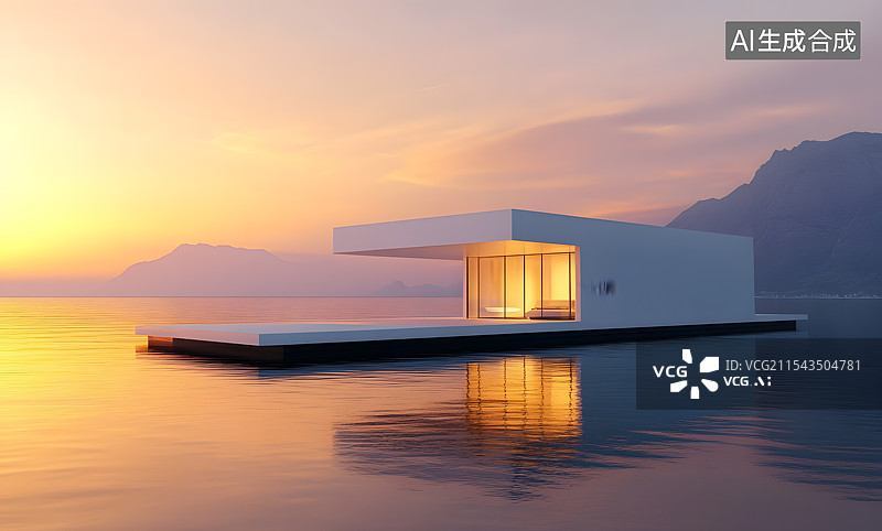 【AI数字艺术】日落光照下水面的白色现代简约建筑物无人背景图片素材