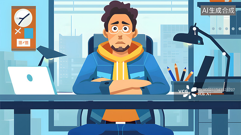 【AI数字艺术】一位白领在办公桌前焦虑地看着电脑图片素材