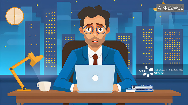 【AI数字艺术】一位白领在办公桌前焦虑地看着电脑图片素材