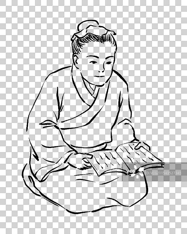 古代跪坐着读书听课的成年学生白描线稿元素图片素材