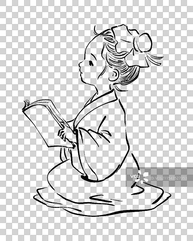 古代跪坐着读书听课的儿童小孩学生白描线稿元素图片素材
