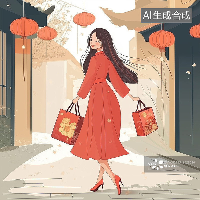 【AI数字艺术】扁平插图，新年购物的女人，新年提着礼品袋的女子，提着红色礼袋的俏皮时尚红裙女郎图片素材