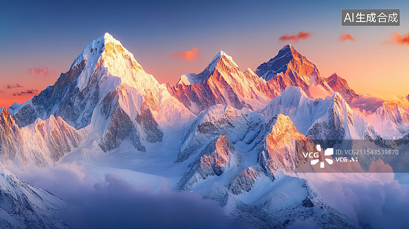 【AI数字艺术】日出时，阳光照耀在雄伟的金山上，金色的光辉洒在山峰上。清晨的阳光照射在雪顶山峰上，创造出一幅令人叹为图片素材