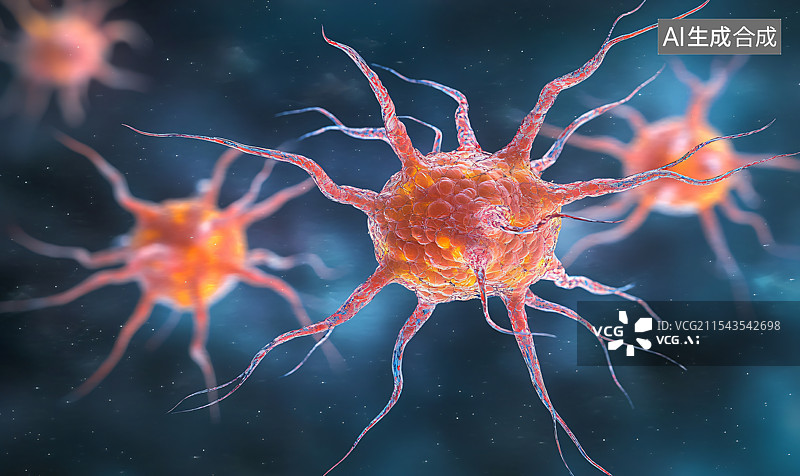 【AI数字艺术】一幅抽象的三维大脑神经元可视化图，展示了神经连接和通路的复杂网络。动态的三维表现突显了大脑结构的复杂图片素材