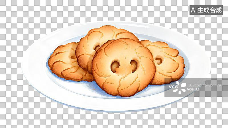 【AI数字艺术】手绘插画，盘子里的饼干，曲奇，黄油饼干，下午茶点心免抠元素图片素材