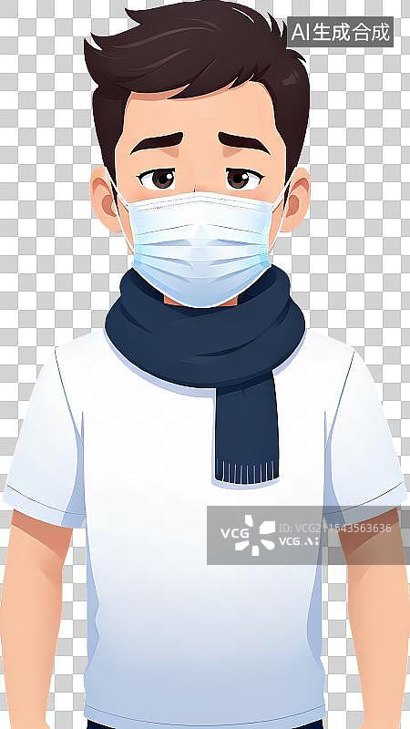【AI数字艺术】卡通人物，夏天生病难受，流感，风热风寒感冒，发热发烧，头晕头疼乏力虚弱，男性，年轻人，戴口罩图片素材