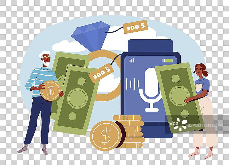 典当行里的物品，手持金币的男人和女人图片素材