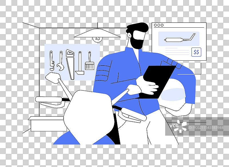 寻找摩托车零件的卡通形象，背景为纯色。图片素材