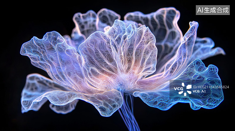 【AI数字艺术】光纤构成的梦幻透明花朵图片素材