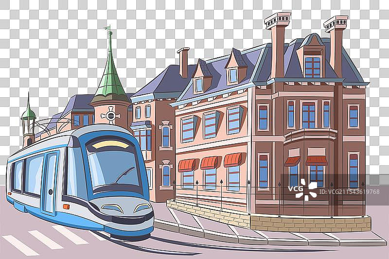 一辆电车沿着历史悠久的街道行驶图片素材