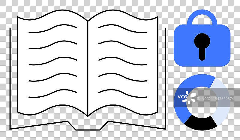 打开的书本，带有锁和饼图符号图片素材
