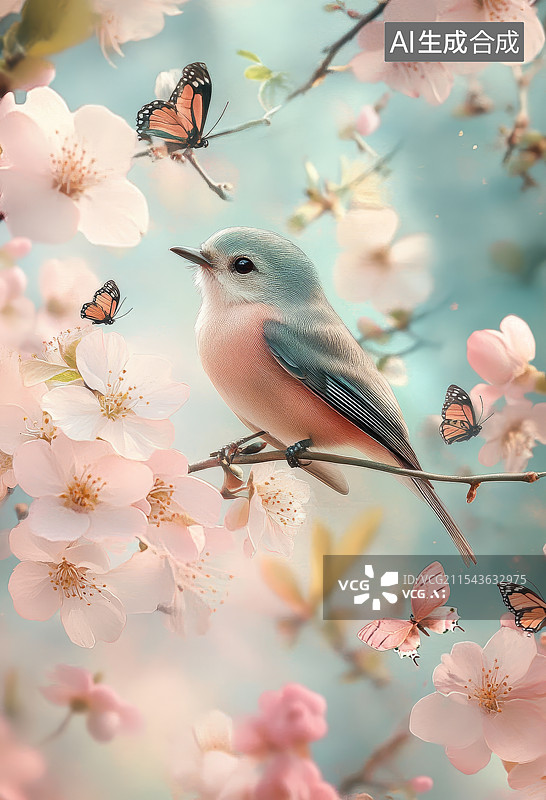 【AI数字艺术】树枝上有粉红色的花朵和鸟的壁纸图片素材