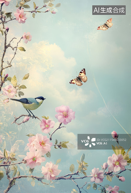 【AI数字艺术】树枝上有粉红色的花朵和鸟的壁纸图片素材