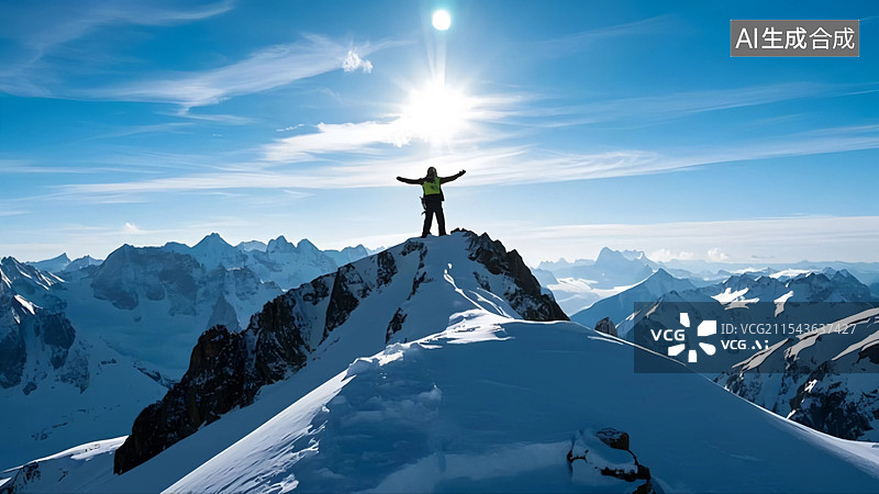 【AI数字艺术】一个男人登上一座雪山 站在山顶图片素材
