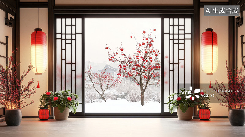 【AI数字艺术】中国春节节日室内灯笼节日装饰图片素材