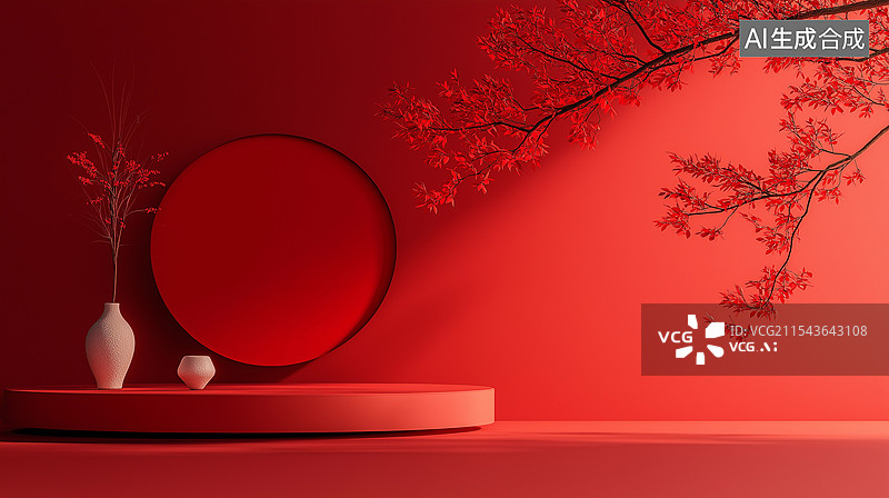 【AI数字艺术】中国风红色产品展台图片素材