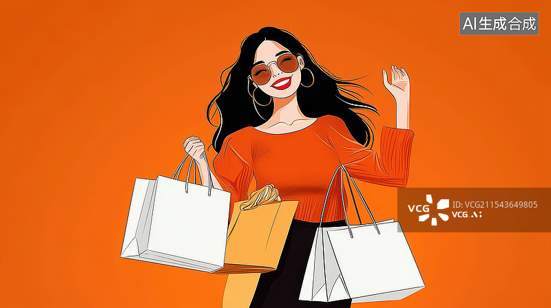 【AI数字艺术】女孩开心购物的插画图片素材