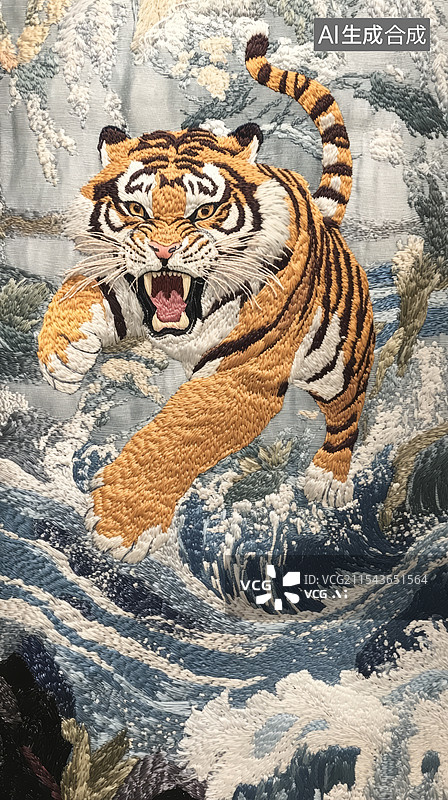 【AI数字艺术】中国风刺绣猛虎下山图片素材