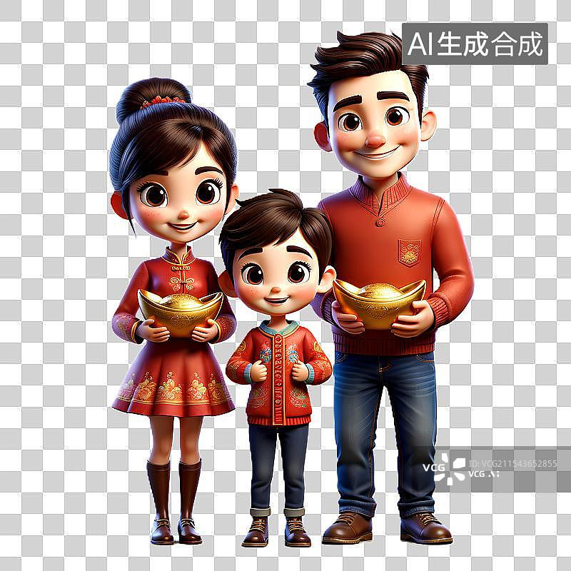 【AI数字艺术】春节抱着金元宝的一家人3D卡通元素图片素材