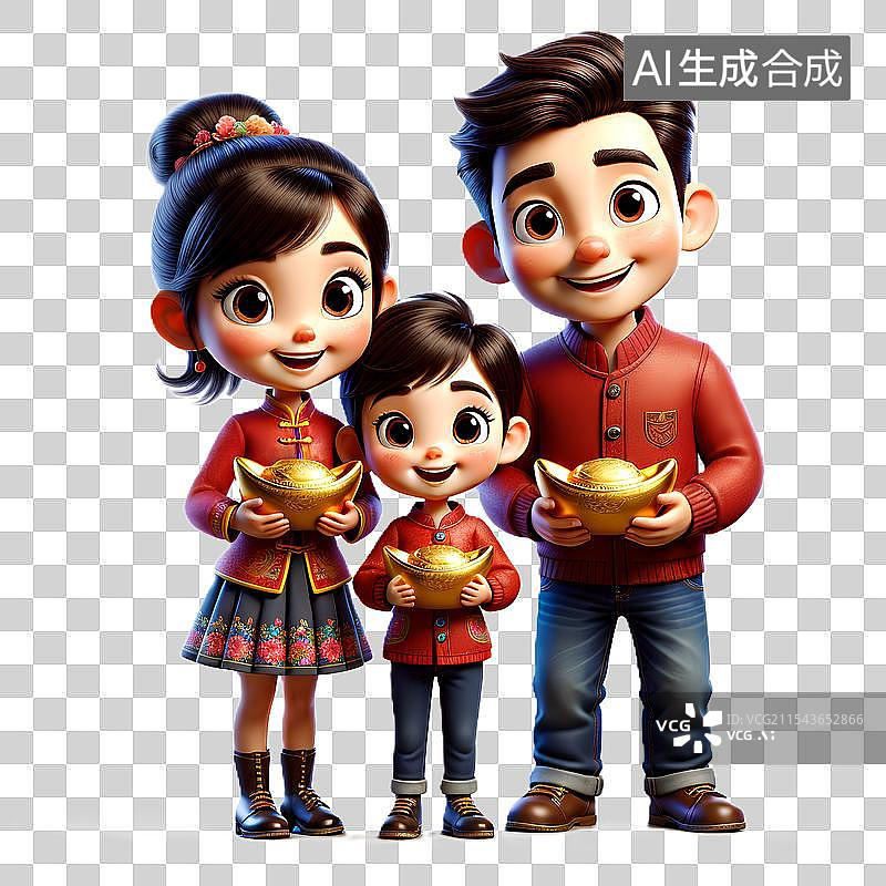 【AI数字艺术】春节抱着金元宝的一家人3D卡通元素图片素材