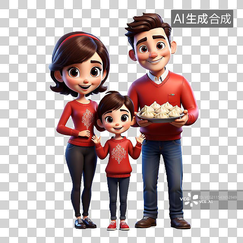 【AI数字艺术】春节端着饺子的一家人3D卡通元素图片素材