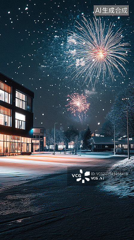 【AI数字艺术】未来感冬夜雪景现代建筑与新年烟花汽车广告背景旅游自驾游度假海报图片素材