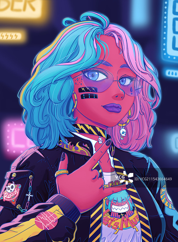 赛博朋克酷炫女生金属礼异色莹光服饰图片素材