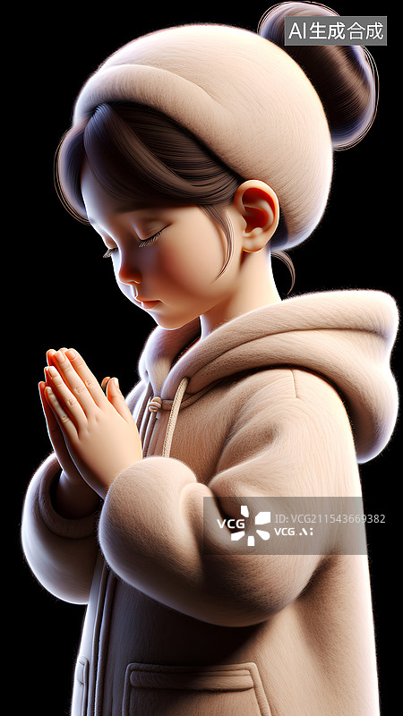 【AI数字艺术】可爱女孩系列插画  闭着眼睛双手合十许愿的女孩图片素材