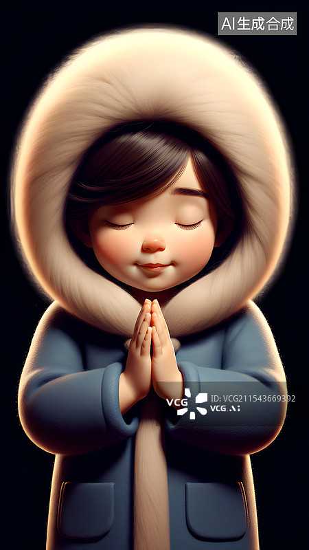 【AI数字艺术】可爱女孩系列插画  闭着眼睛双手合十许愿的女孩图片素材