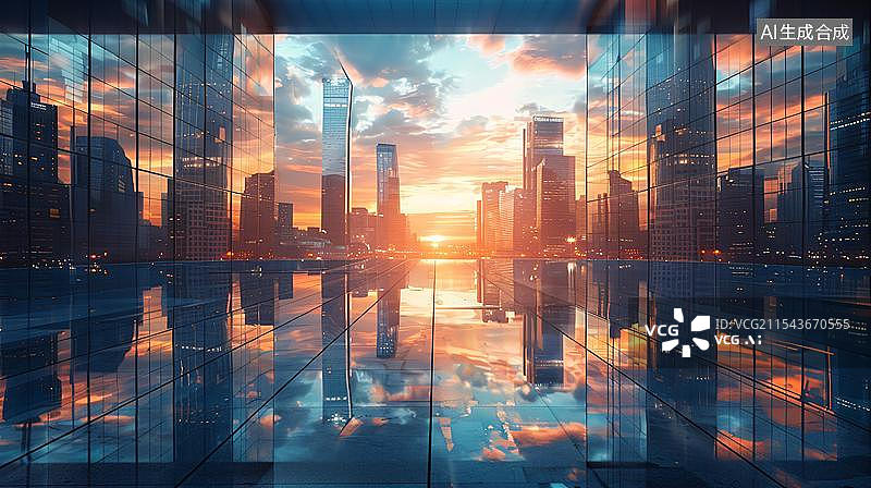 【AI数字艺术】夕阳下城市道路与城市天际线图片素材