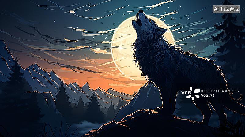 【AI数字艺术】夜晚一只成年狼对着月亮嚎叫图片素材