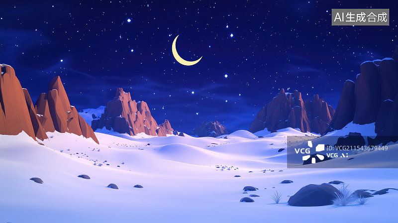 【AI数字艺术】月夜雪山低多边形图片素材