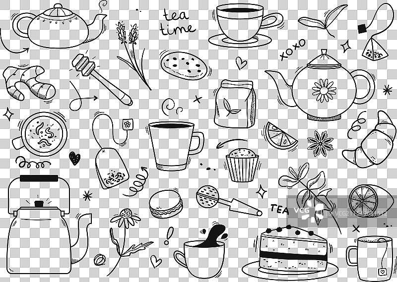 涂鸦茶，手绘茶壶、舒适的杯子和热茶图片素材